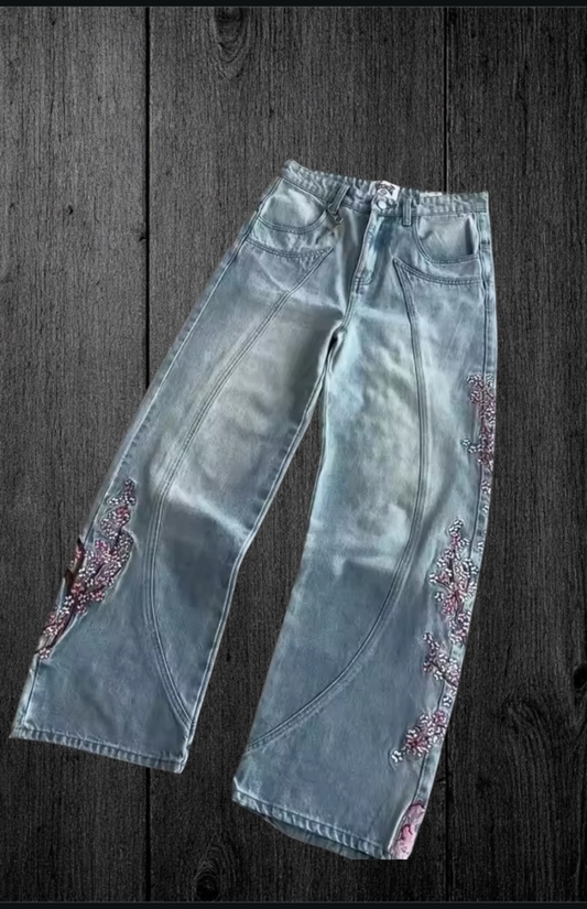 Cherry Blossom Knight All Embroidery Denim Pants