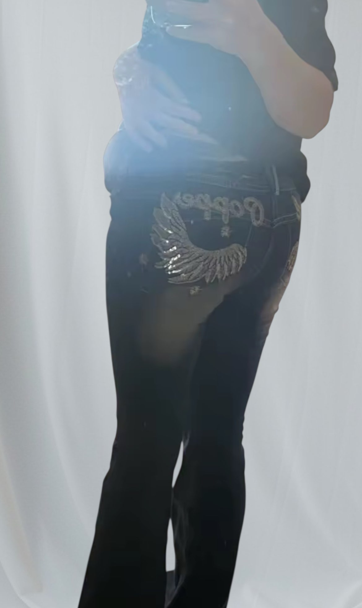 Retro Punk Low Waist Casual Embroidery Diamond Jeans Blue Wings Slim Fit