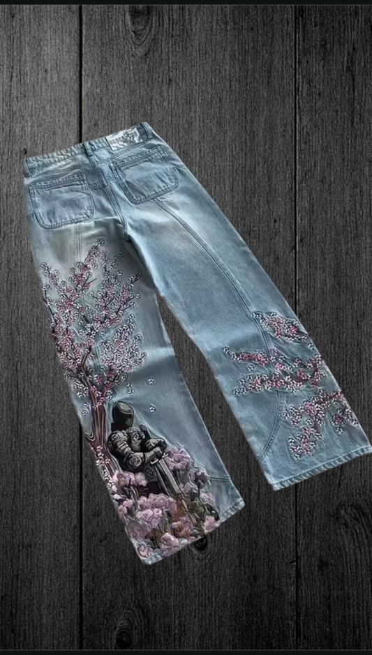 Cherry Blossom Knight All Embroidery Denim Pants