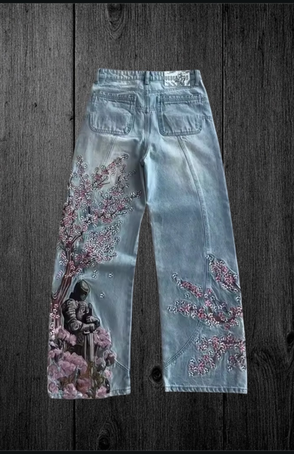 Cherry Blossom Knight All Embroidery Denim Pants