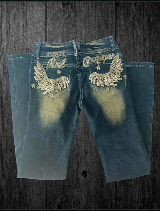 Retro Punk Low Waist Casual Embroidery Diamond Jeans Blue Wings Slim Fit